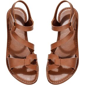 OYOANGLE Women's Cut Out Strappy Leather Ankle Strap Sandals Summer Open Toe Flat Sandal Comfy Walking Shoes
