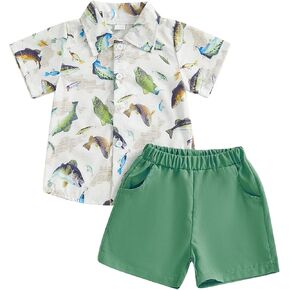 Toddler Baby Boy Fishing Outfit Fish Print Short Sleeve Button Down Shirt and Shorts Set 2Pcs Summer Clothes