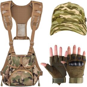 Binocular Harness Chest Pack, Cap and Fingerless Knuckle Tactical Gloves