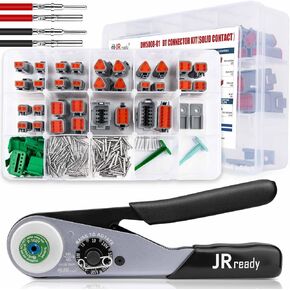 JRready DW5008 Deutsch Connector Kit,2 Pin Gray Connector,Waterproof 3 4 6 8 12 Way DT Connector, Deutsch Crimper DT16,Size 16 Solid Contacts Pin&Socket 16-20 AWG and Pin Removal Tool for Automotive