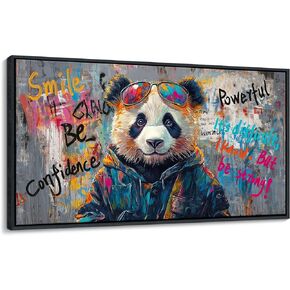 JEAWA Large Framed Canvas Wall Art, Black and White Panda Graffiti Street Art Pop Abstract Modern Paintings for Living Room Bedroom Study Office Inspirational Picture Home Decor 24x48 IN