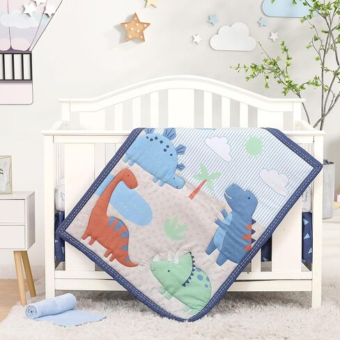 Dinosaur Crib Bedding Set for Boys 4pcs,Baby Nursery Bedding Crib Set Including Quilt,Skirt,Sheet, Blanket.Blue Crib Sets in Kuwait