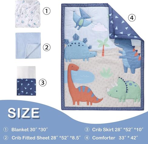 Dinosaur Crib Bedding Set for Boys 4pcs,Baby Nursery Bedding Crib Set Including Quilt,Skirt,Sheet, Blanket.Blue Crib Sets in Kuwait