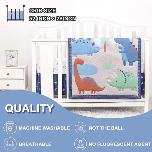 Dinosaur Crib Bedding Set for Boys 4pcs,Baby Nursery Bedding Crib Set Including Quilt,Skirt,Sheet, Blanket.Blue Crib Sets in Kuwait