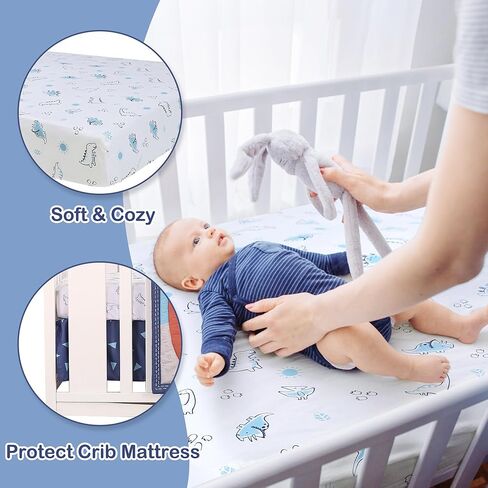 Dinosaur Crib Bedding Set for Boys 4pcs,Baby Nursery Bedding Crib Set Including Quilt,Skirt,Sheet, Blanket.Blue Crib Sets in Kuwait