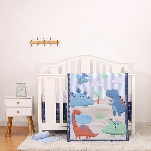 Dinosaur Crib Bedding Set for Boys 4pcs,Baby Nursery Bedding Crib Set Including Quilt,Skirt,Sheet, Blanket.Blue Crib Sets in Kuwait