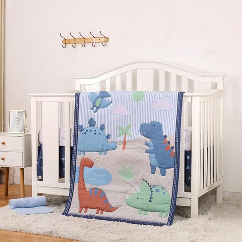 Dinosaur Crib Bedding Set for Boys 4pcs,Baby Nursery Bedding Crib Set Including Quilt,Skirt,Sheet, Blanket.Blue Crib Sets in Kuwait