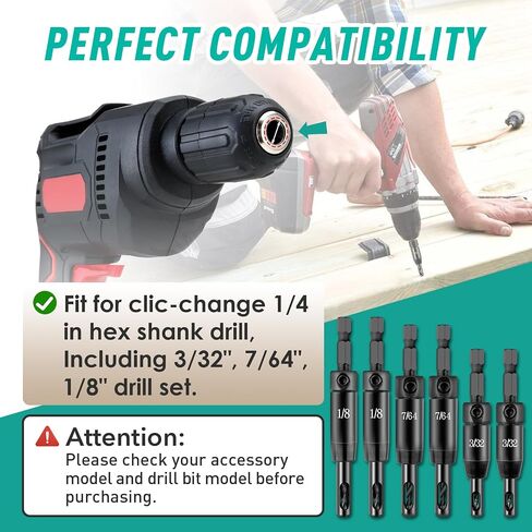 6 Pcs CC2430 Self Centering Drill Bit Set 3/32", 7/64", 1/8" - VIX Bit for Bosch Clic-Change 1/4" Hex Shank Drill - Self Centering Hinge Drill Bit #6 8 10 Screws ﻿ in Saudi Arabia