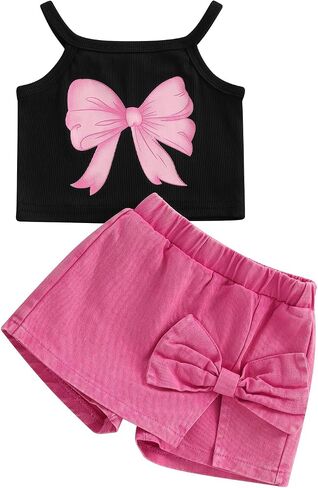 Emmababy Toddler Girls Denim Shorts Set Ribbed Crop Tank Top Sleeveless Bow Jean Shorts Skirt Western Baby Summer Clothes in Saudi Arabia