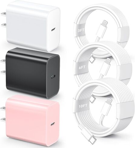 for iPhone 14 13 12 11 Fast Charger, [MFi Certified] 3 Pack 20W USB C Charger Block with 3FT&6FT&10FT USB C to ightning Fast Charging Cable Compatible with iPhone 14/13/12/11/Pro/Pro Max/Xs/Xr/X in Kuwait