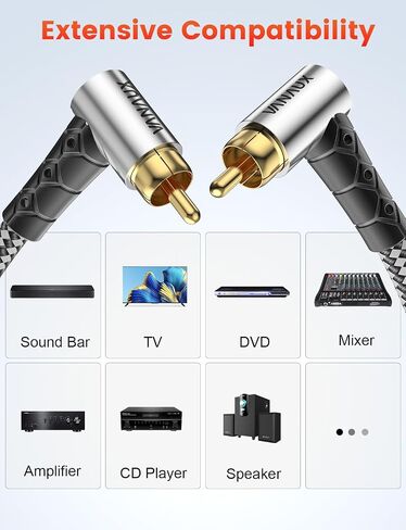 كابل مضخم صوت 90 درجة بطول 33 قدمًا، كابل صوت ممتاز من RCA إلى RCA، (موصلات مطلية بالذهب، هيكل من سبائك الألومنيوم، سترة مضفرة) مثالي للمساحات الضيقة، والمسرح المنزلي، وأنظمة الصوت in Saudi Arabia