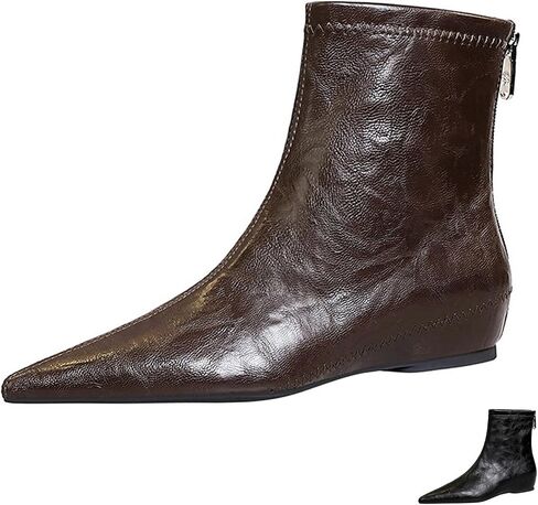 Women's Leather Stitching Details Invisible Wedge Ankle Booties Retro Handmade Pointed Toe Invisible Height Increasing Back Zippers Flat Dress Short Boots for Work Walking in Saudi Arabia