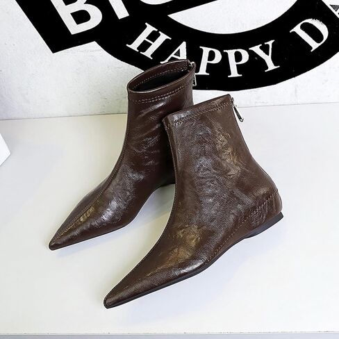 Women's Leather Stitching Details Invisible Wedge Ankle Booties Retro Handmade Pointed Toe Invisible Height Increasing Back Zippers Flat Dress Short Boots for Work Walking in Saudi Arabia