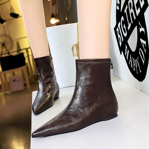 Women's Leather Stitching Details Invisible Wedge Ankle Booties Retro Handmade Pointed Toe Invisible Height Increasing Back Zippers Flat Dress Short Boots for Work Walking in Saudi Arabia
