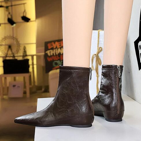 Women's Leather Stitching Details Invisible Wedge Ankle Booties Retro Handmade Pointed Toe Invisible Height Increasing Back Zippers Flat Dress Short Boots for Work Walking in Saudi Arabia