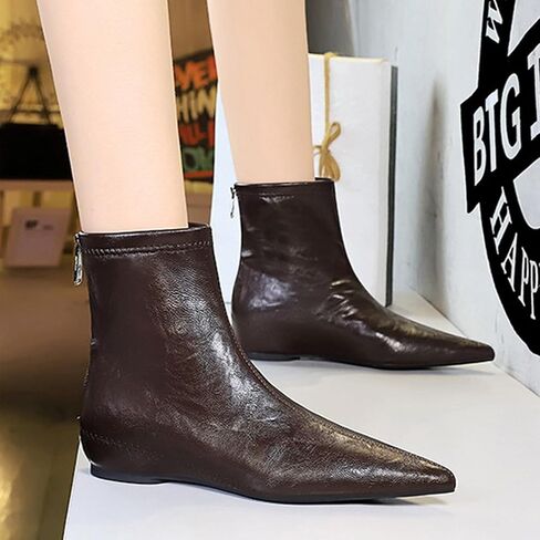 Women's Leather Stitching Details Invisible Wedge Ankle Booties Retro Handmade Pointed Toe Invisible Height Increasing Back Zippers Flat Dress Short Boots for Work Walking in Saudi Arabia