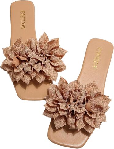 Women's 3D Floral Flat Sandals Dressy Square Open Toe Sandals Single Band Casual Slip on Slides in Kuwait