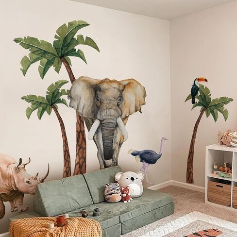 Extra Huge Safari Animals Wall Mural Sticker Peel and Stick, Textured Vinyl Elephant Wallpaper Jungle Wall Decal, Nursery Safari Animals Wall Art Decor for Boys Bedroom Playroom Kids Room in Kuwait