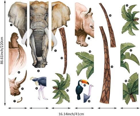 Extra Huge Safari Animals Wall Mural Sticker Peel and Stick, Textured Vinyl Elephant Wallpaper Jungle Wall Decal, Nursery Safari Animals Wall Art Decor for Boys Bedroom Playroom Kids Room in Kuwait