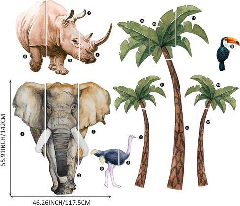 Extra Huge Safari Animals Wall Mural Sticker Peel and Stick, Textured Vinyl Elephant Wallpaper Jungle Wall Decal, Nursery Safari Animals Wall Art Decor for Boys Bedroom Playroom Kids Room in Kuwait
