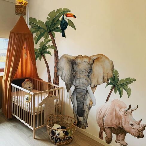 Extra Huge Safari Animals Wall Mural Sticker Peel and Stick, Textured Vinyl Elephant Wallpaper Jungle Wall Decal, Nursery Safari Animals Wall Art Decor for Boys Bedroom Playroom Kids Room in Kuwait