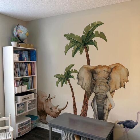 Extra Huge Safari Animals Wall Mural Sticker Peel and Stick, Textured Vinyl Elephant Wallpaper Jungle Wall Decal, Nursery Safari Animals Wall Art Decor for Boys Bedroom Playroom Kids Room in Kuwait