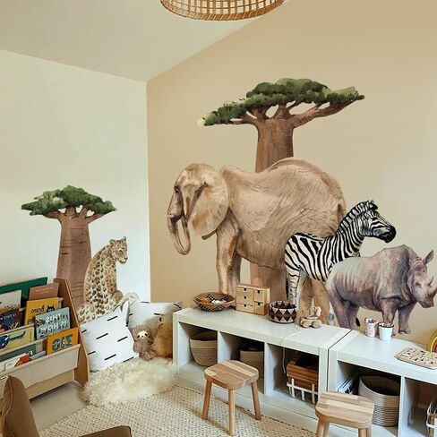 Extra Huge Safari Animals Wall Mural Sticker Peel and Stick, Textured Vinyl Elephant Wallpaper Jungle Wall Decal, Nursery Safari Animals Wall Art Decor for Boys Bedroom Playroom Kids Room in Kuwait