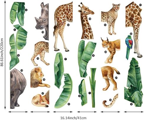 حيوانات سفاري ضخمة ضخمة تلصق جدارية جدارية قشرة وعصا ، فاينيل الفينيل فينيل خلفية غابة جدار الجدار ، وحيوانات سفاري الحضانة ديكور الفن للبنين غرفة نوم غرفة غرفة الأطفال in Kuwait
