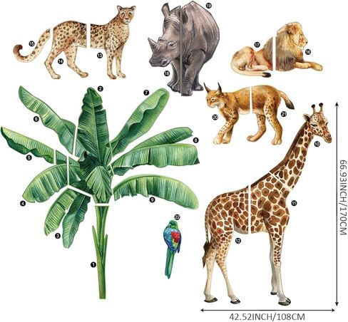 حيوانات سفاري ضخمة ضخمة تلصق جدارية جدارية قشرة وعصا ، فاينيل الفينيل فينيل خلفية غابة جدار الجدار ، وحيوانات سفاري الحضانة ديكور الفن للبنين غرفة نوم غرفة غرفة الأطفال in Kuwait