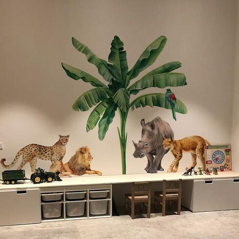 حيوانات سفاري ضخمة ضخمة تلصق جدارية جدارية قشرة وعصا ، فاينيل الفينيل فينيل خلفية غابة جدار الجدار ، وحيوانات سفاري الحضانة ديكور الفن للبنين غرفة نوم غرفة غرفة الأطفال in Kuwait