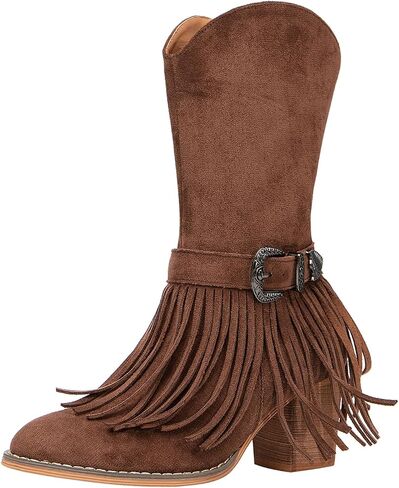 getmorebeauty Women's Mid Calf Boots Low Chunky Heels Closed Toe Suede Vintage Tassels Side Zipper Ankle Boots for Autum Winter in Saudi Arabia