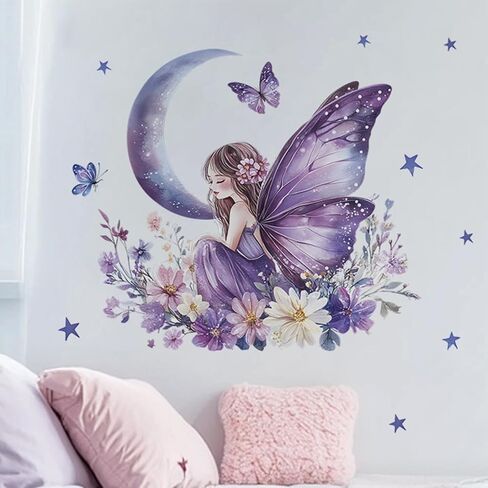 Purple Butterfly Girls Wall Stickers for Girls Room Fairy Wall Decals Removable Vinyl Peel and Stick Moon Flowers Star Wall Decor for Children's Living Room Bedroom Nursery in Kuwait
