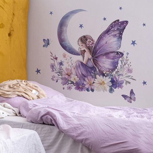 Purple Butterfly Girls Wall Stickers for Girls Room Fairy Wall Decals Removable Vinyl Peel and Stick Moon Flowers Star Wall Decor for Children's Living Room Bedroom Nursery in Kuwait