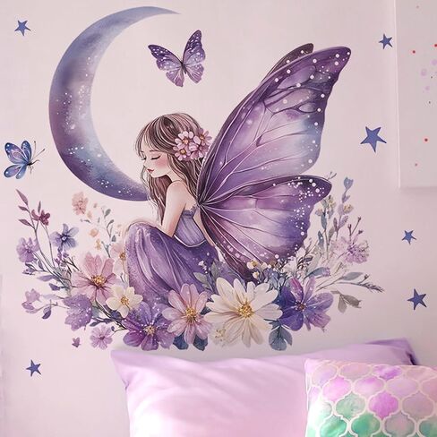 Purple Butterfly Girls Wall Stickers for Girls Room Fairy Wall Decals Removable Vinyl Peel and Stick Moon Flowers Star Wall Decor for Children's Living Room Bedroom Nursery in Kuwait
