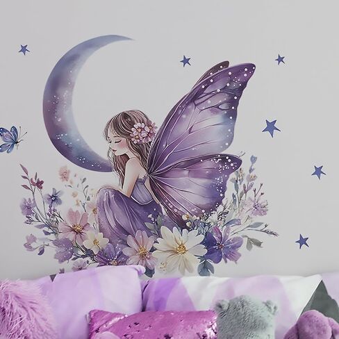 Purple Butterfly Girls Wall Stickers for Girls Room Fairy Wall Decals Removable Vinyl Peel and Stick Moon Flowers Star Wall Decor for Children's Living Room Bedroom Nursery in Kuwait