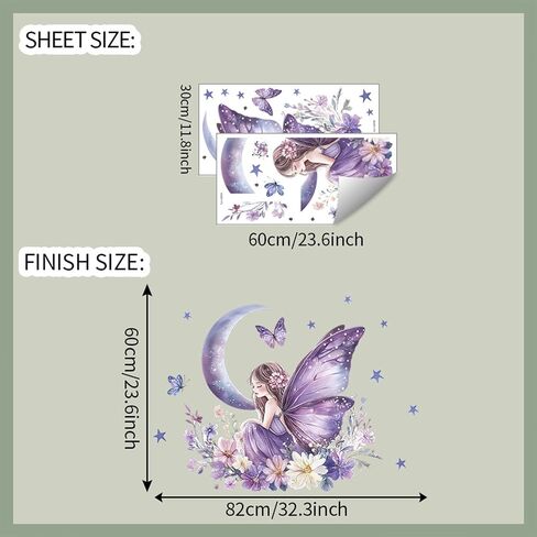 Purple Butterfly Girls Wall Stickers for Girls Room Fairy Wall Decals Removable Vinyl Peel and Stick Moon Flowers Star Wall Decor for Children's Living Room Bedroom Nursery in Kuwait