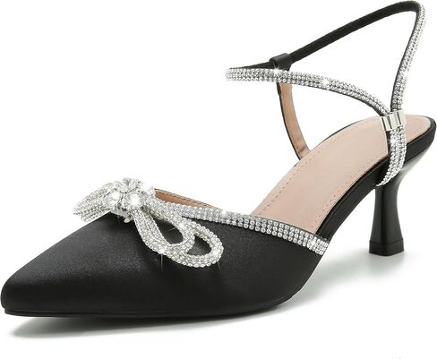 Women's Rhinstone Wedding Low Heel Slingback Kitten Heels, Adjustable Strap Pointed Toe Bow Pumps Prom Dress Shoes in Saudi Arabia