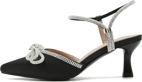 Women's Rhinstone Wedding Low Heel Slingback Kitten Heels, Adjustable Strap Pointed Toe Bow Pumps Prom Dress Shoes in Saudi Arabia