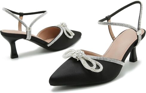 Women's Rhinstone Wedding Low Heel Slingback Kitten Heels, Adjustable Strap Pointed Toe Bow Pumps Prom Dress Shoes in Saudi Arabia