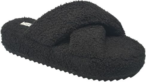 AEROPOSTALE Fuzzy Open Toe Slippers Shoes for Women – Soft Faux Sherpa Fur House Slippers with Memory Foam X Band, Indoor & Outdoor Non-Slip Sole, Fluffy Criss-Cross Design for Bedroom, Spa, and Lounge in Saudi Arabia
