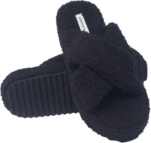 AEROPOSTALE Fuzzy Open Toe Slippers Shoes for Women – Soft Faux Sherpa Fur House Slippers with Memory Foam X Band, Indoor & Outdoor Non-Slip Sole, Fluffy Criss-Cross Design for Bedroom, Spa, and Lounge in Saudi Arabia