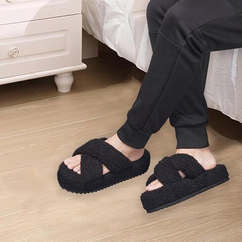 AEROPOSTALE Fuzzy Open Toe Slippers Shoes for Women – Soft Faux Sherpa Fur House Slippers with Memory Foam X Band, Indoor & Outdoor Non-Slip Sole, Fluffy Criss-Cross Design for Bedroom, Spa, and Lounge in Saudi Arabia