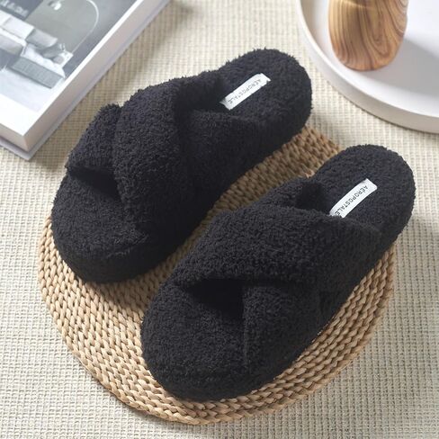 AEROPOSTALE Fuzzy Open Toe Slippers Shoes for Women – Soft Faux Sherpa Fur House Slippers with Memory Foam X Band, Indoor & Outdoor Non-Slip Sole, Fluffy Criss-Cross Design for Bedroom, Spa, and Lounge in Saudi Arabia