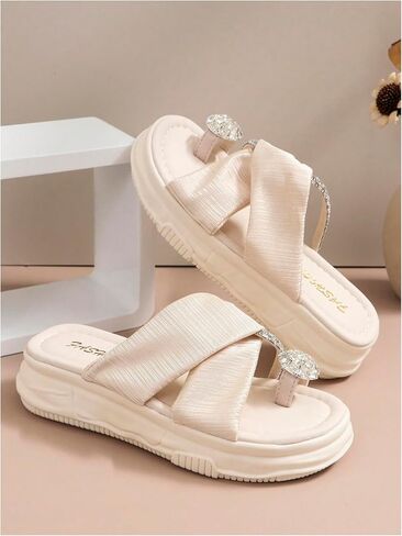 OYOANGLE Women's Rhinestone Crossed Strap Toe Ring Sandals Comfy Platform Flip Flops Elegant Outdoor Slippers in Saudi Arabia
