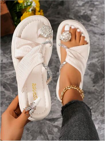 OYOANGLE Women's Rhinestone Crossed Strap Toe Ring Sandals Comfy Platform Flip Flops Elegant Outdoor Slippers in Saudi Arabia
