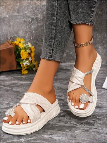 OYOANGLE Women's Rhinestone Crossed Strap Toe Ring Sandals Comfy Platform Flip Flops Elegant Outdoor Slippers in Saudi Arabia