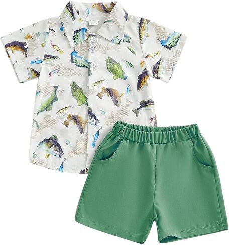 Toddler Baby Boy Fishing Outfit Fish Print Short Sleeve Button Down Shirt and Shorts Set 2Pcs Summer Clothes in Saudi Arabia