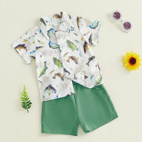 Toddler Baby Boy Fishing Outfit Fish Print Short Sleeve Button Down Shirt and Shorts Set 2Pcs Summer Clothes in Saudi Arabia