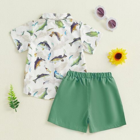 Toddler Baby Boy Fishing Outfit Fish Print Short Sleeve Button Down Shirt and Shorts Set 2Pcs Summer Clothes in Saudi Arabia