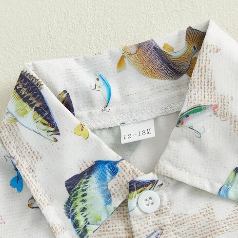 Toddler Baby Boy Fishing Outfit Fish Print Short Sleeve Button Down Shirt and Shorts Set 2Pcs Summer Clothes in Saudi Arabia